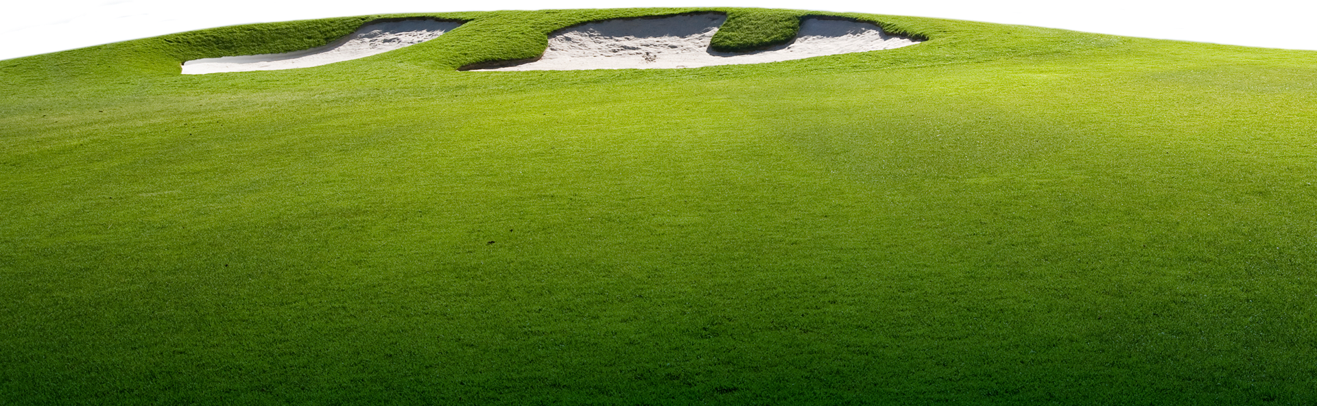 A simple graphic background image of a bright, manicured green golf fairway sloping up to three white sand bunkers.
