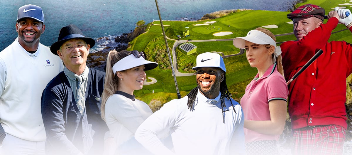 A collage of celebrity golfers and participants at the Pro-Am, including faces like Bill Murray and Larry Fitzgerald, overlaid on a background view of the golf course and ocean.