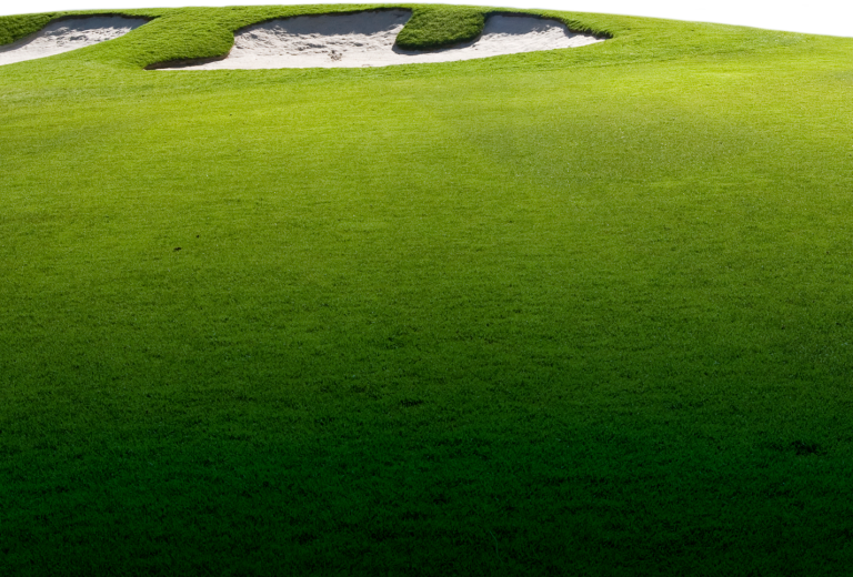 A graphic backdrop featuring a large, sloping green golf fairway with three white sand bunkers visible at the top.