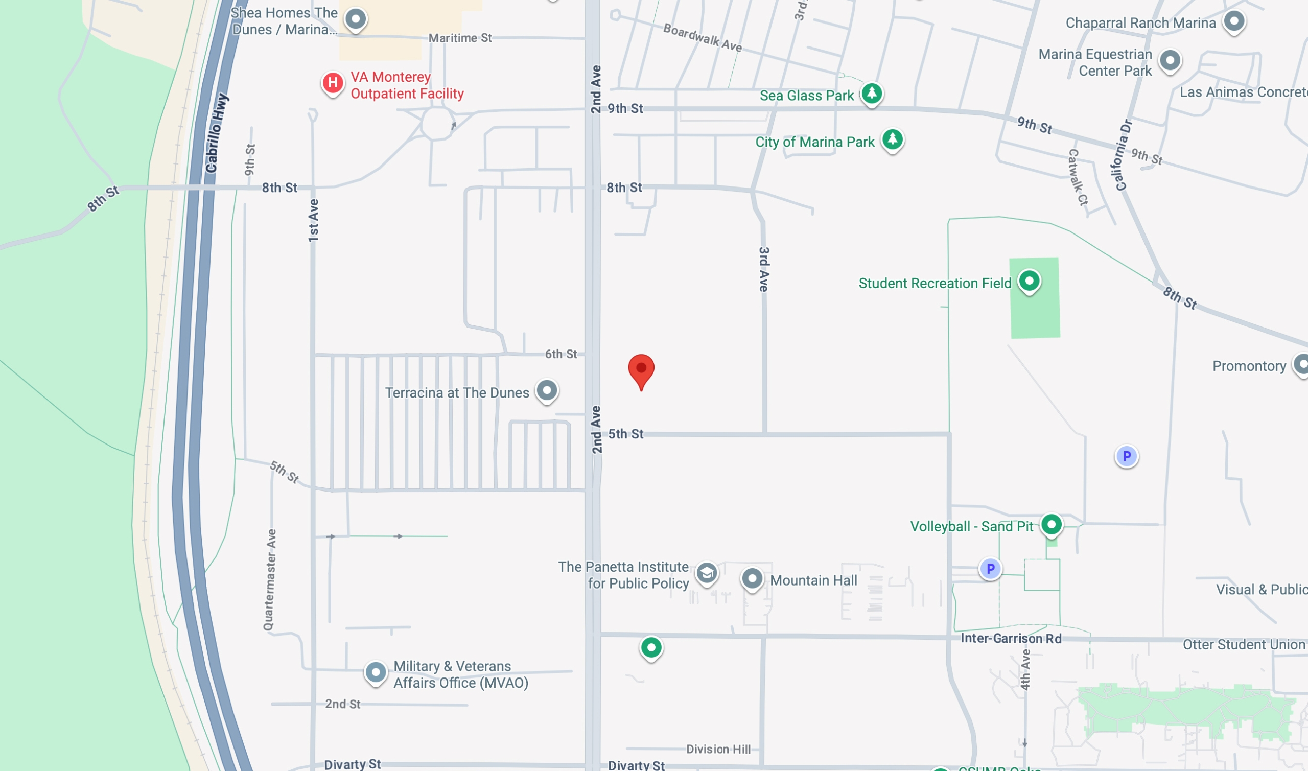 A Google Map screenshot showing the roads and facilities around Terracina at The Dunes and the Panetta Institute for Public Policy, near Cabrillo Hwy.