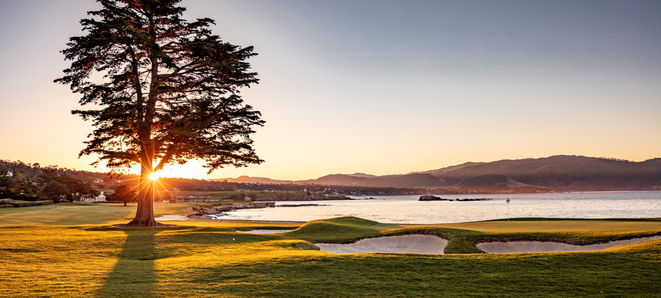 A breathtaking sunrise over the Pebble Beach golf course, with a large lone tree silhouetted in the foreground, overlooking the green, sand traps, and the calm ocean.