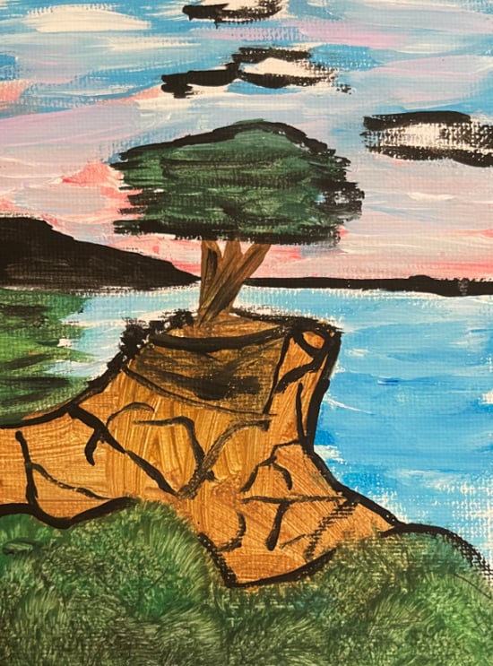A painting of a dark green tree growing atop a craggy, brown cliff overlooking the blue water, with a pink, cloudy sky above.